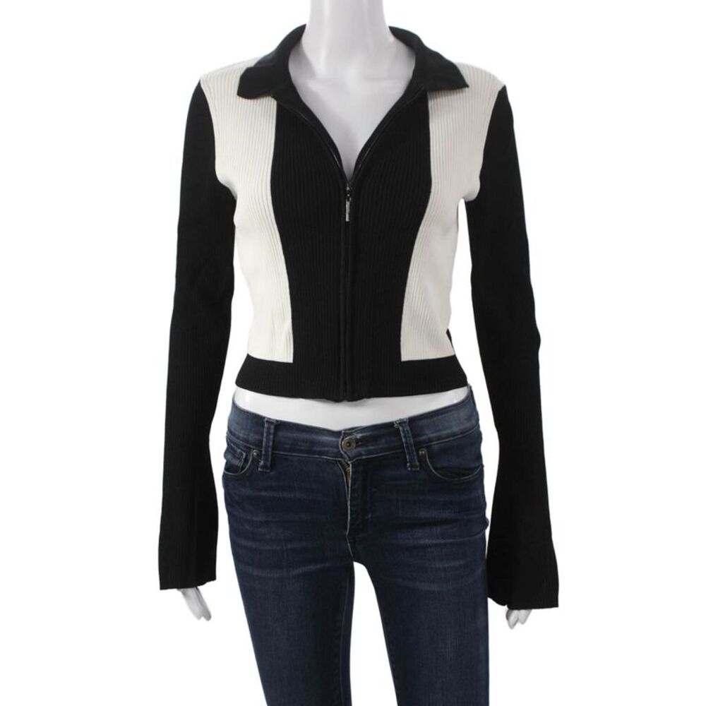 Yllw Womens Black Striped Viscose Full Zip Sweater Collared Long Sleeve Size S